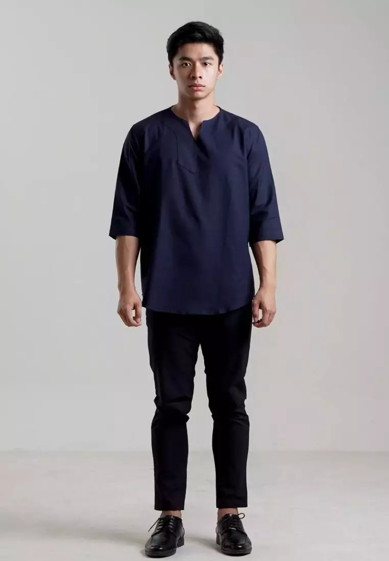 Cotton Well Morocco Shirt Navy I Kemeja Koko Pria Kerah V Neck Biru Tua