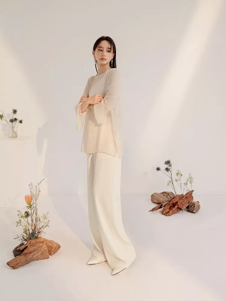 Crinkle-textured drawstring straight-leg wide pants [BA7626]