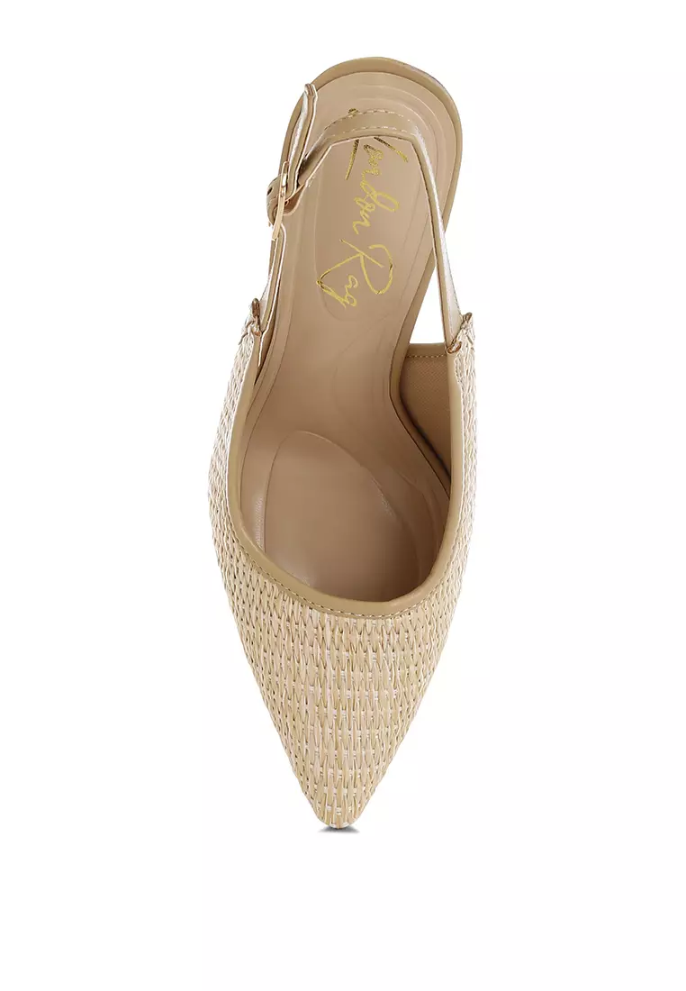 Raffia Pointy Toe Slingback Pumps In Beige