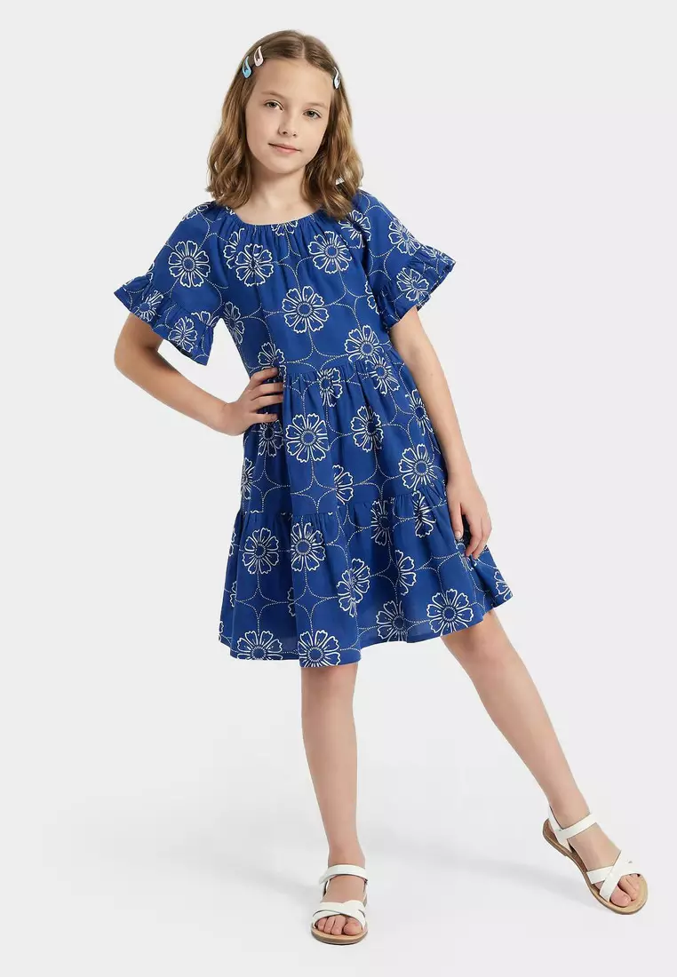Babyshop Juniors Round Neck Short Sleeves Knee Length A-Line Dress With Floral Print