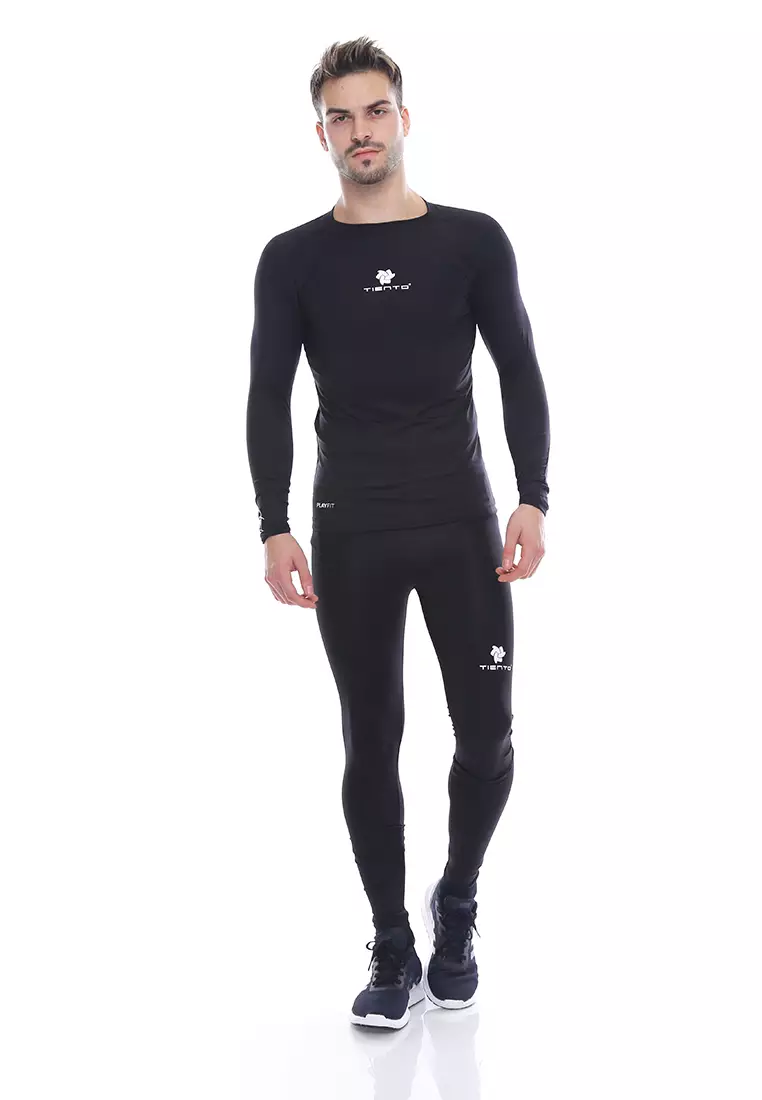 Tiento Baselayer Manset Olahraga Long Sleeve Black White dan Celana Legging Long Pants 1 Set