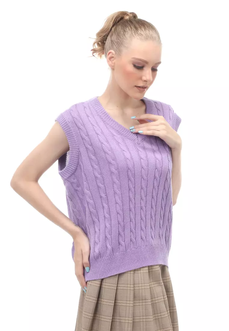 Urice Vest Rajut Atasan Wanita V-neck Sleeves Design Elegant - Lilac