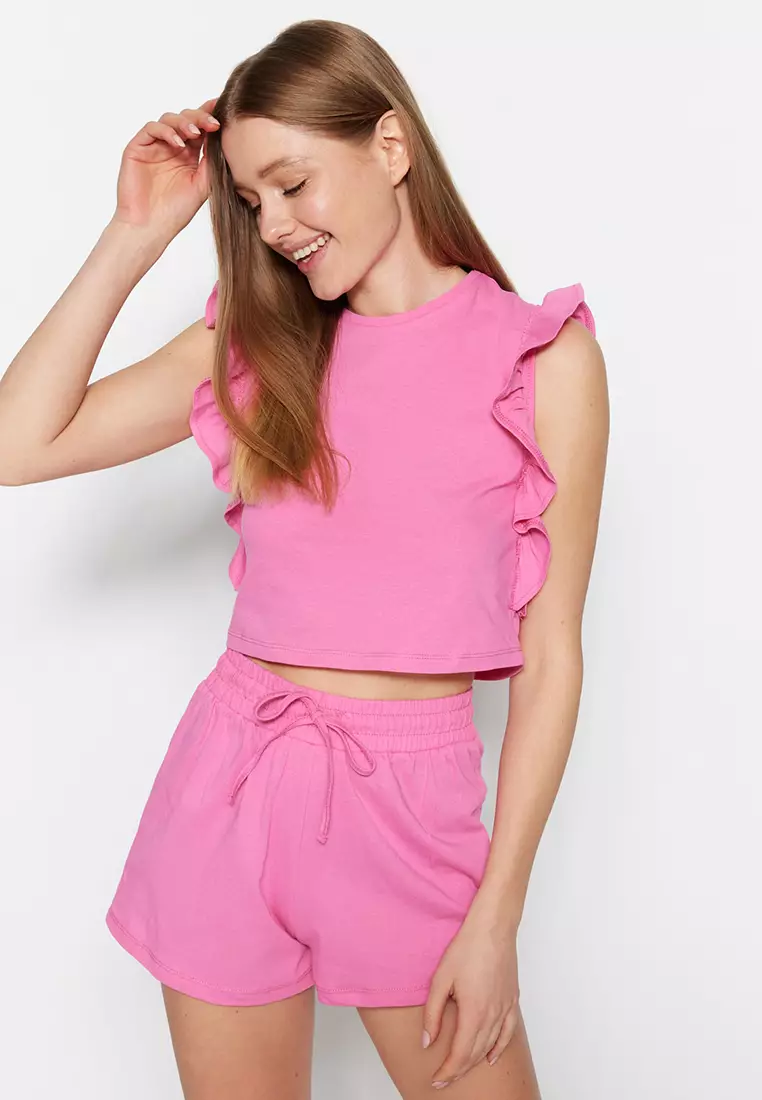 Buy Trendyol Pink 100% Cotton Ruffled T-shirt-Shorts, Knitted