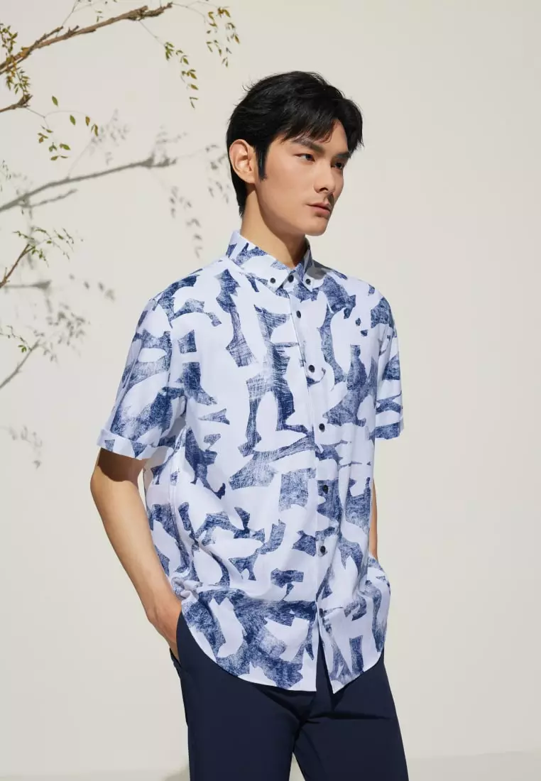 G2000 Cotton Oxford Ink Scatter Digital Print Comfort Fit Short Sleeve Casual Shirt