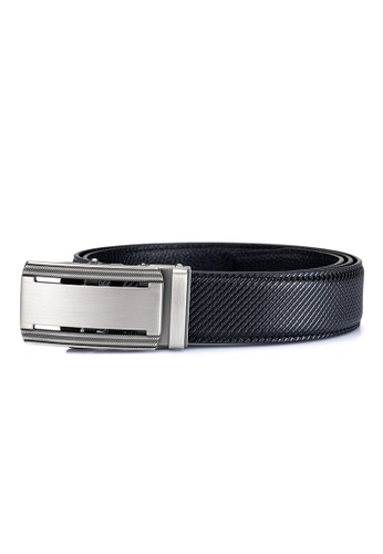 ENZODESIGN black ENZODESIGN Twill Pattern Printed Split Leather Charcoal Grey Automatic Plague Buckle Belt 24A8FAC5C4F06EGS_1