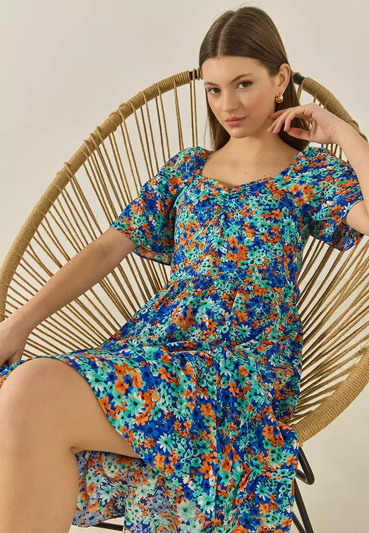 Women's Patterned Carmen Collar Gather Detailed Midi Length Summer Dress 60284046