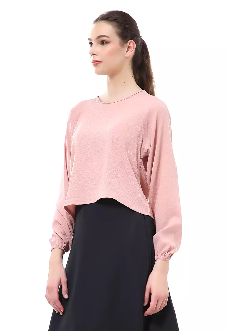 Albertine Blouse Atasan Wanita Lengan Panjang Desain Balon Material Crinkle ORIGINAL - Pink
