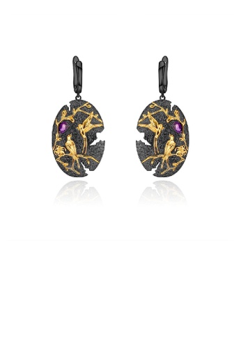 Glamorousky silver 925 Sterling Silver Plated Black Fashion Elegant Gold Magpie Nature Geometric Earrings with Amethyst 16DCEACF4CA6BCGS_1
