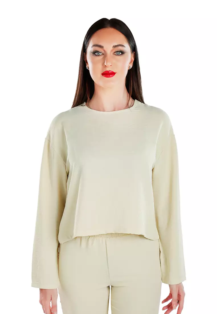 Cream Full Sleeves Top & Fitted Full Pants Coord Set