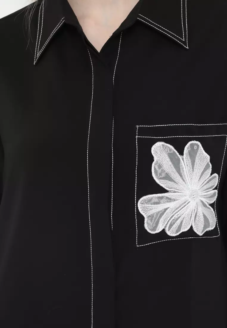 Plain Shirt Black With Flowers In Pocket By Brilliant Girl Warna HITAM