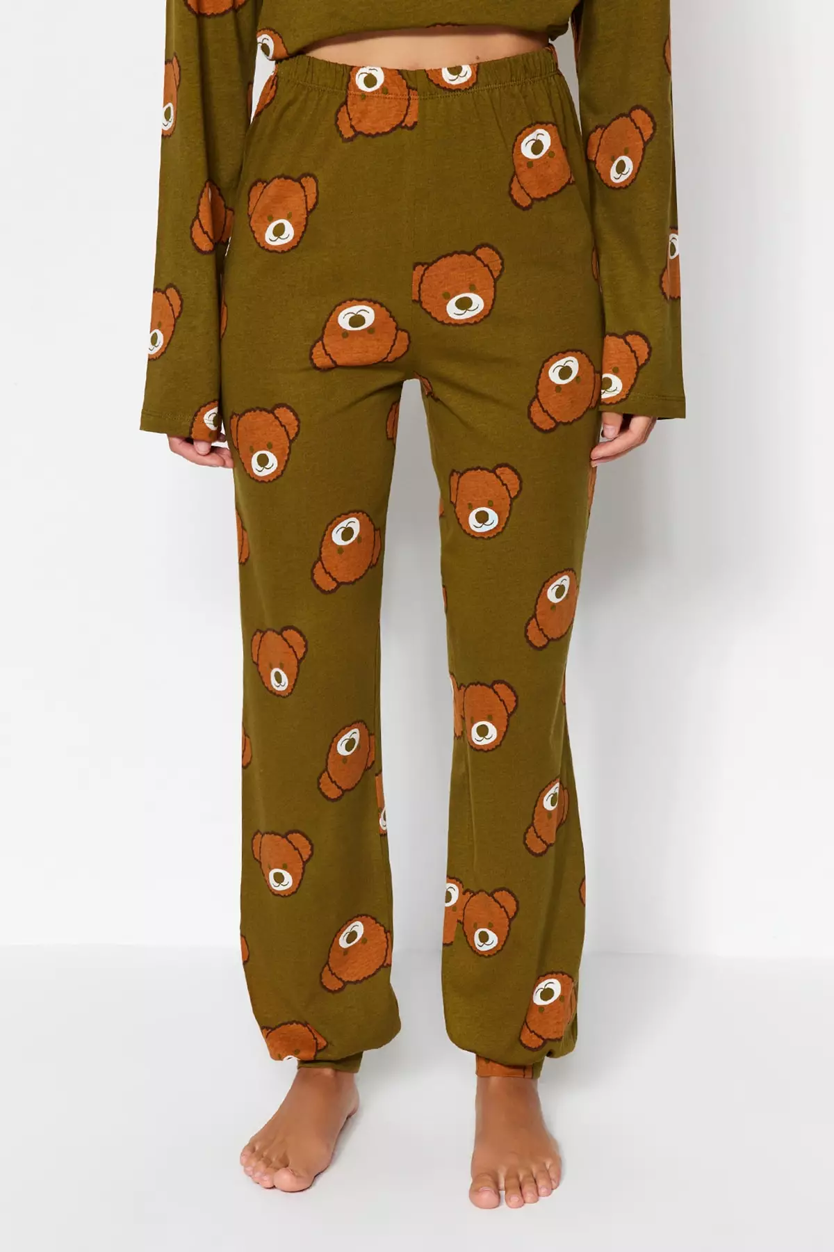 Khaki 100% Cotton Teddy Bear Patterned Knitted Pajama Set THMAW23PT00514