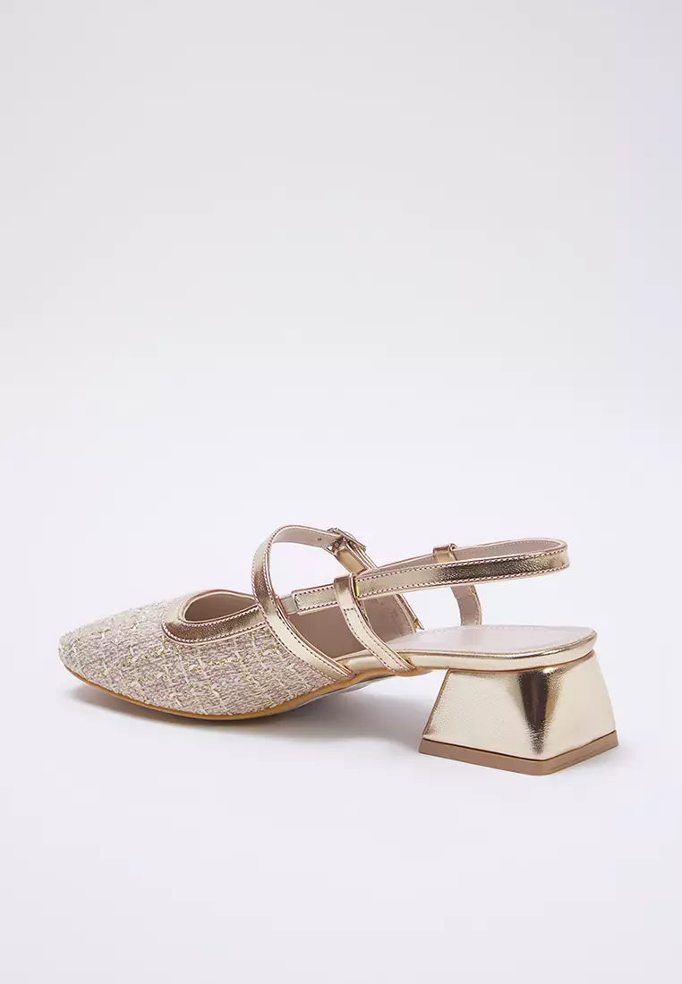 Beige Tweed Square Toe Mary Jane Women Block Heels Shoes Takss25To00023