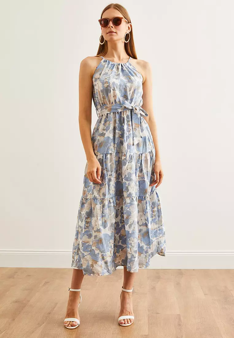 Halter Neck Belted Woven Viscose Dress