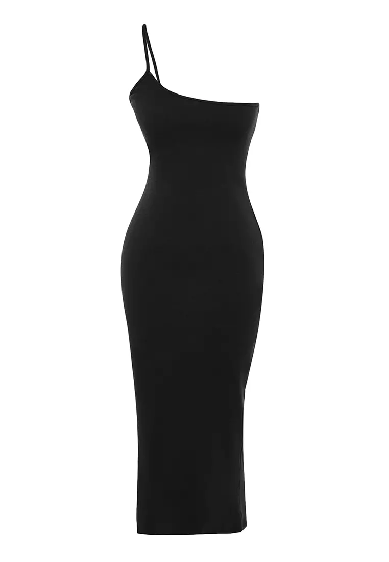 Asymmetrical Shoulder Strap Ribbed Knitted Dress