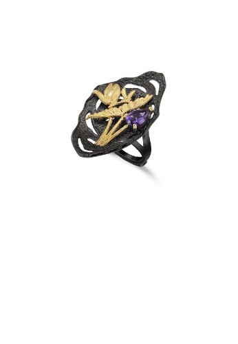 Glamorousky silver 925 Sterling Silver Plated Black Fashion Elegant Gold Butterfly Flower Amethyst Geometric Adjustable Ring F89E2AC6751DEAGS_1