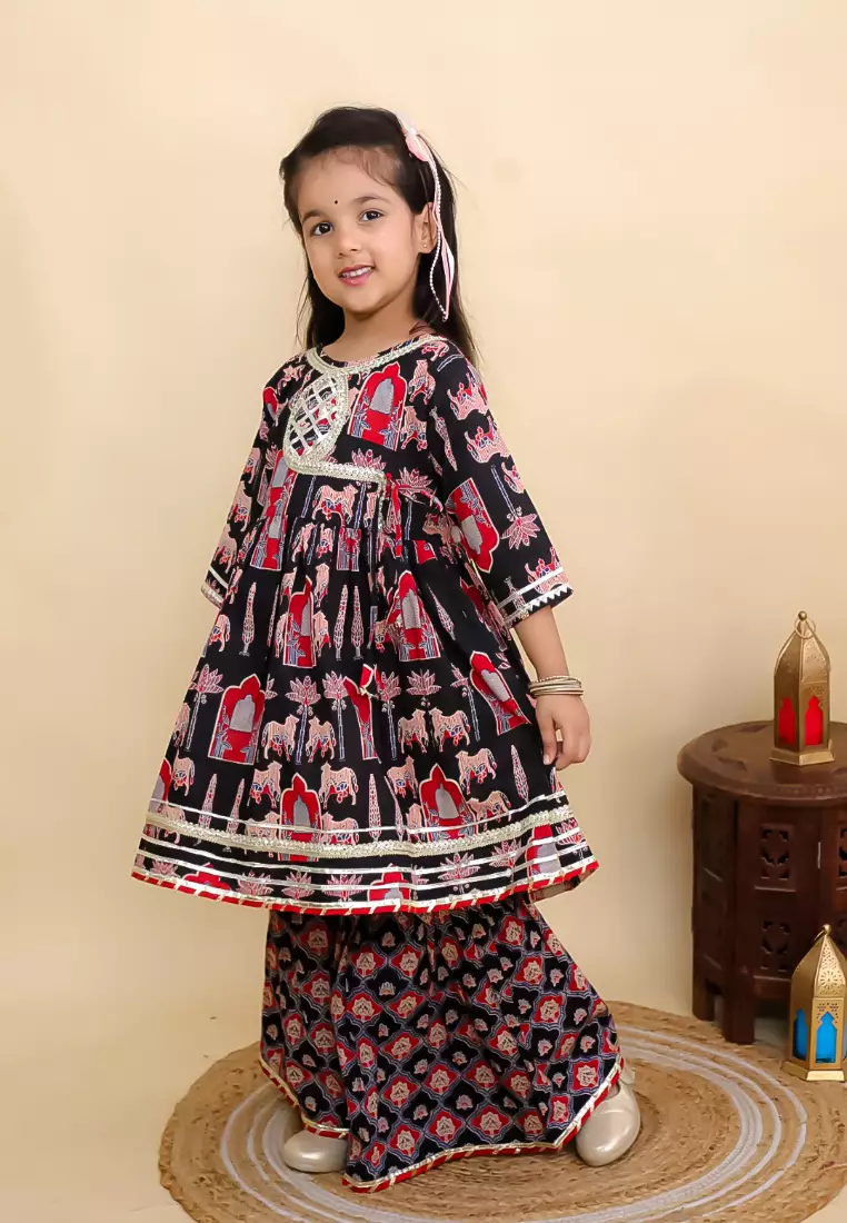 The Mom Store Girls Ragini Mudra Anarkali Kurta Sharara Set - Black