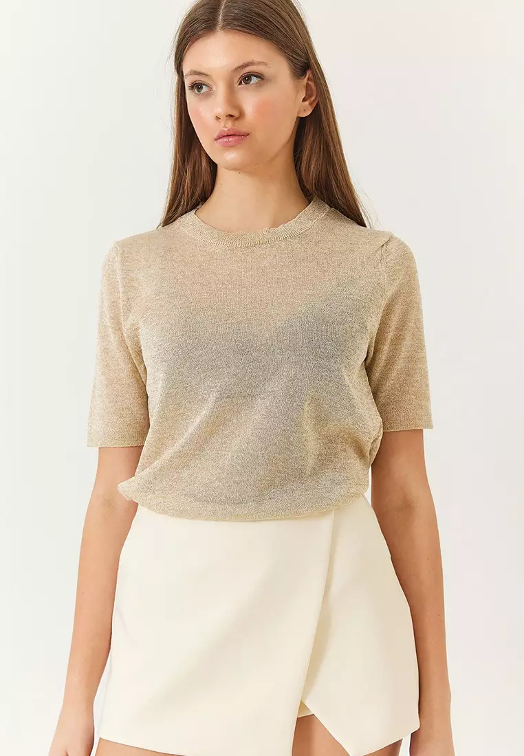 Women's Crew Neck Self-Shiny Short Sleeve T-Shirt 60261443