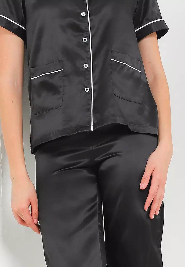 Piyama Pyjama Baju Tidur Satin Silk Couple Mens Short Sleeve Long Pants Sleepwear