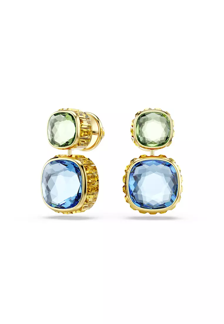 Chroma drop earrings, Cushion cut, Multicolored, Gold-tone plated