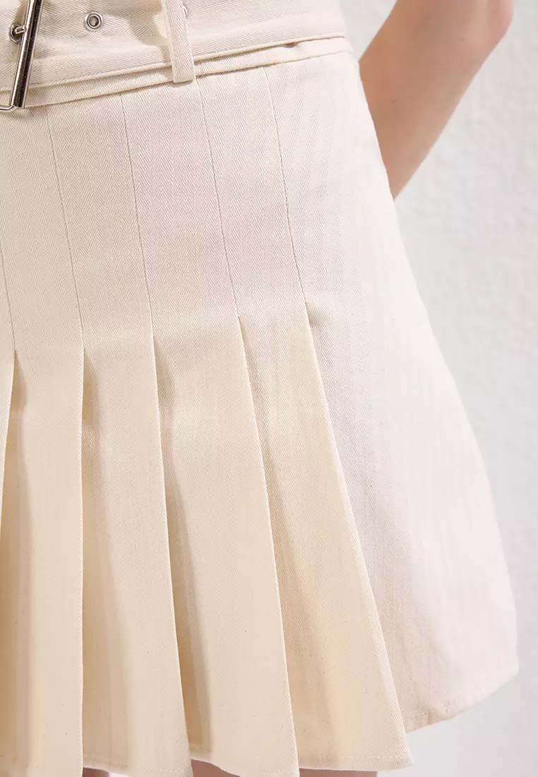 Beige Belt Detailed Pleated Mini Woven Skirt