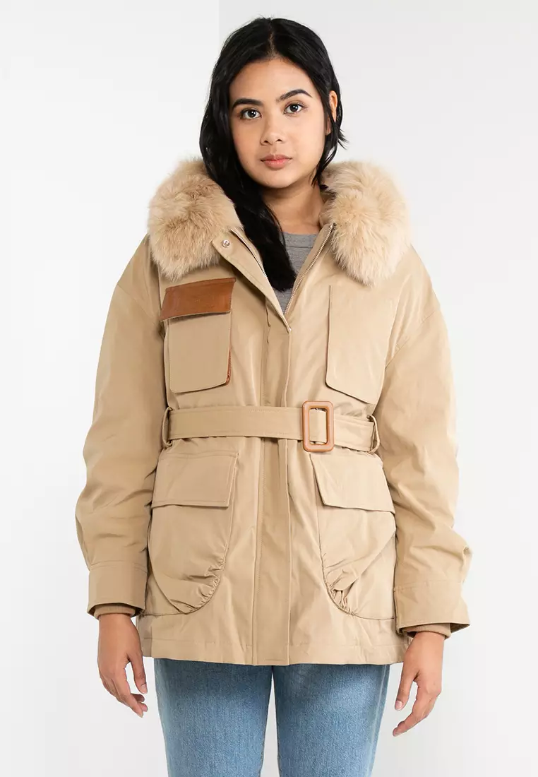 Buy Hopeshow Fur Collar Parka Jacket with Belt Online | ZALORA