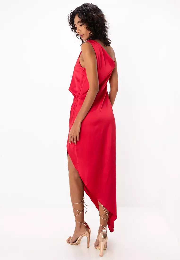 Satin One Shoulder Drape Midi Dress