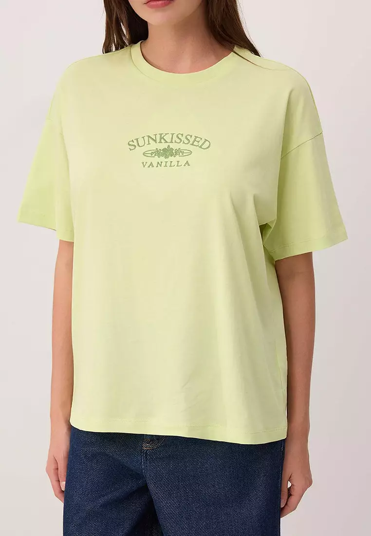 Lime Slogan Oversized Crew Neck Low Sleeve Short Long %1 Cotton Knitted T-Shirt Twoss26Ts21