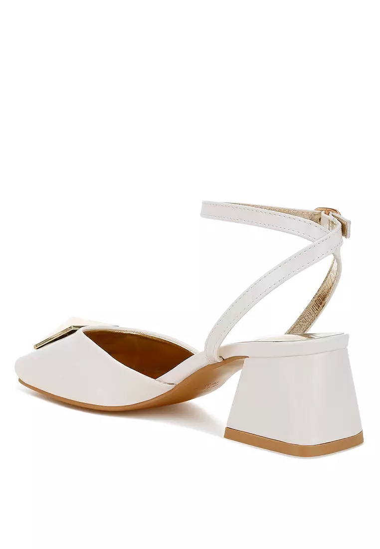 Brooch Detail Ankle Strap Sandals in Off White