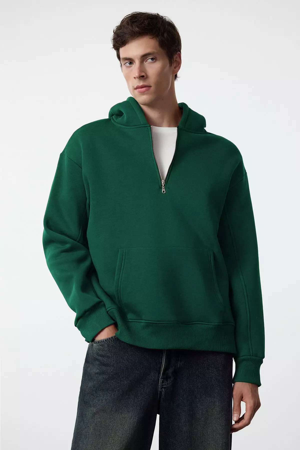 Emerald Green Oversize/Loose Cut Zipper Hooded Basic Sweatshirt With Fleece Inside Tmnaw25Sw00050