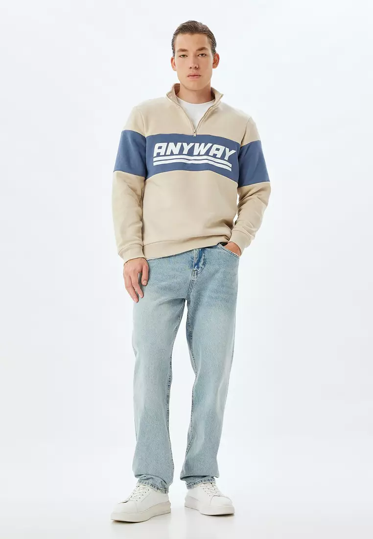 Slogan Printed Sweatshirt Half Zipper Color Block Cotton Blend