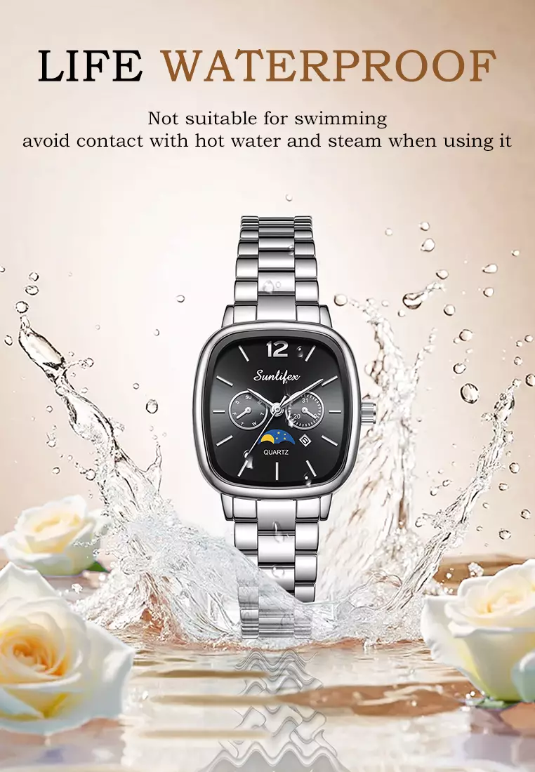 Jam Tangan Wanita Original Kalender Kasual Korean Style Tali Paduan Jam Tangan Cewek B006 silverblack