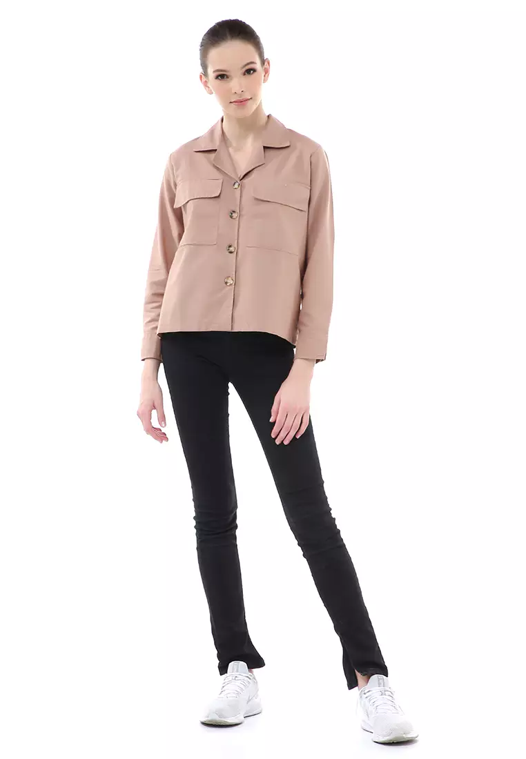 Brielle Atasan Wanita Kemeja Pocket Plain Motive Lengan Panjang Material Linen ORIGINAL - Brown