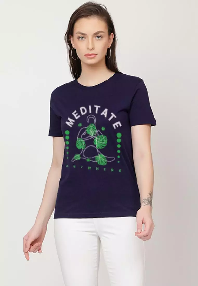 Meditate Anywhere Relaxed Short Sleeve Stylish Navy Blue Cotton Casual Graphic Print Tee/TShirt