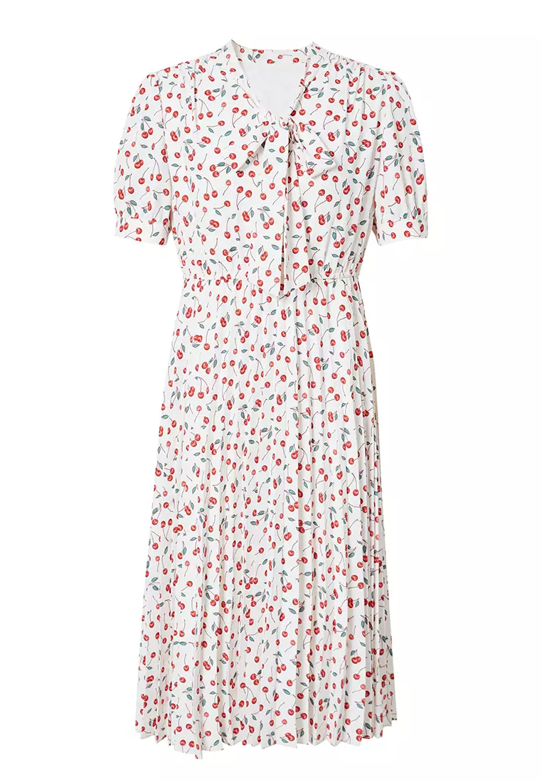 Ribbon Neck Tie Dress with Cherry Print