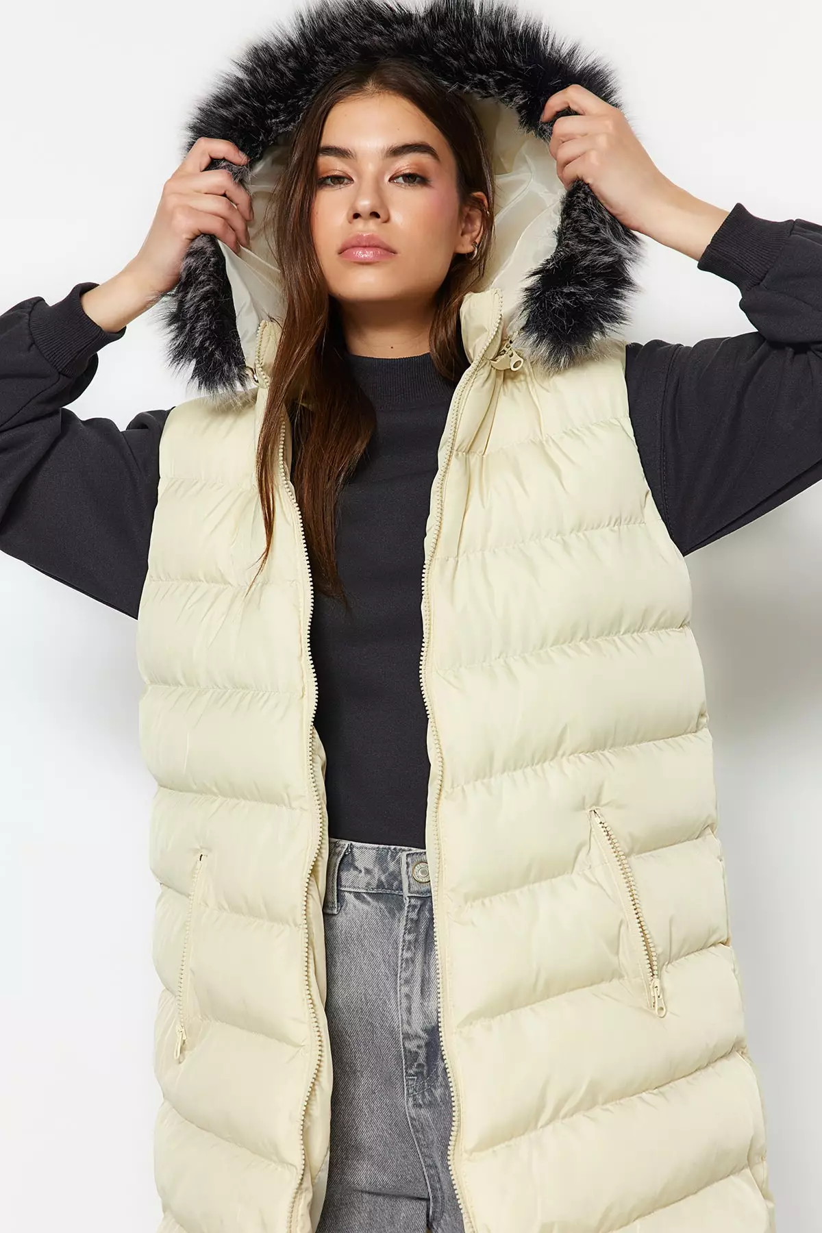 White vest with fur hood outlet
