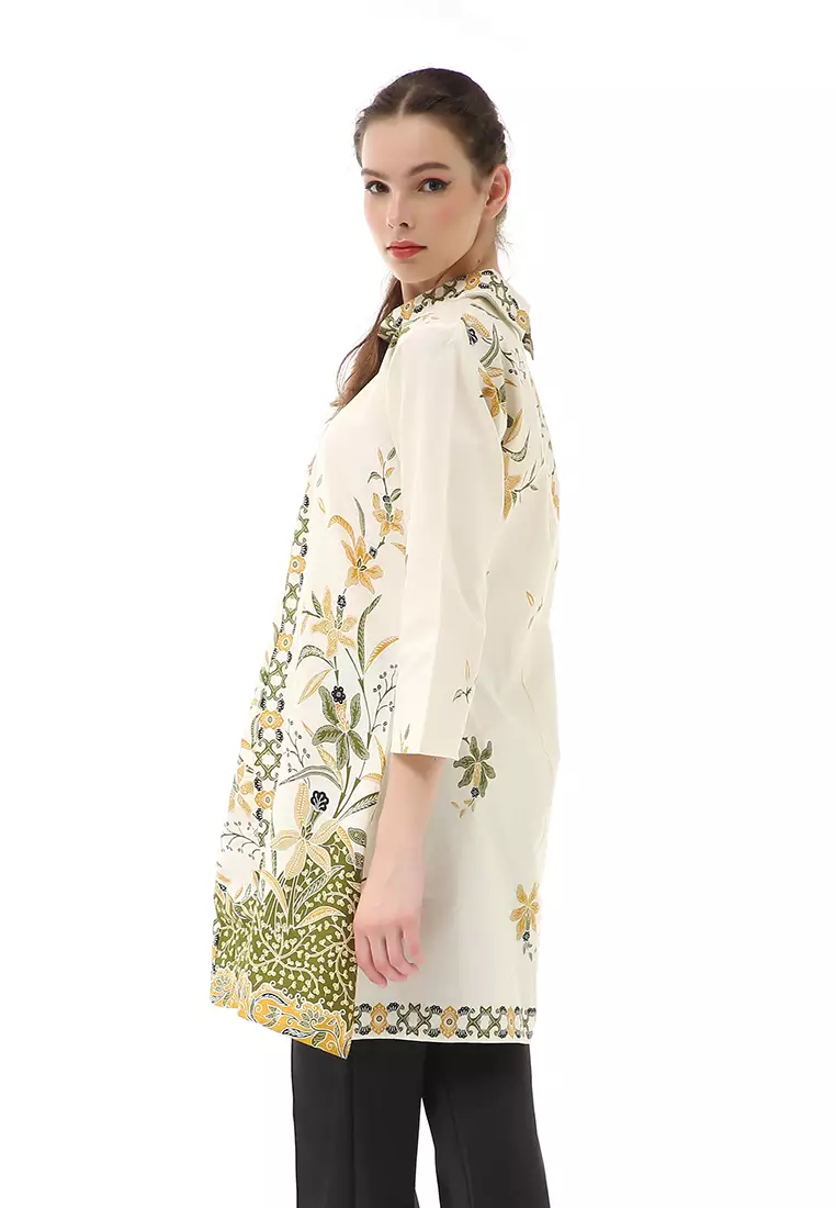 Olaf Atasan Batik Wanita Tunik Traditional Motive Elegant Design Material Cotton ORIGINAL - White Green