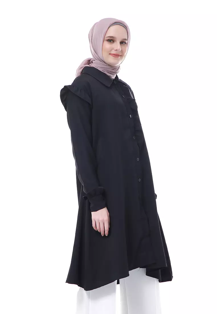 Zemira Tunik Atasan Wanita Motif Polos Long Sleeve - Hitam