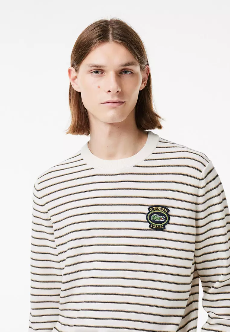 Striped Cotton Lacoste Badge Crew Neck Sweater
