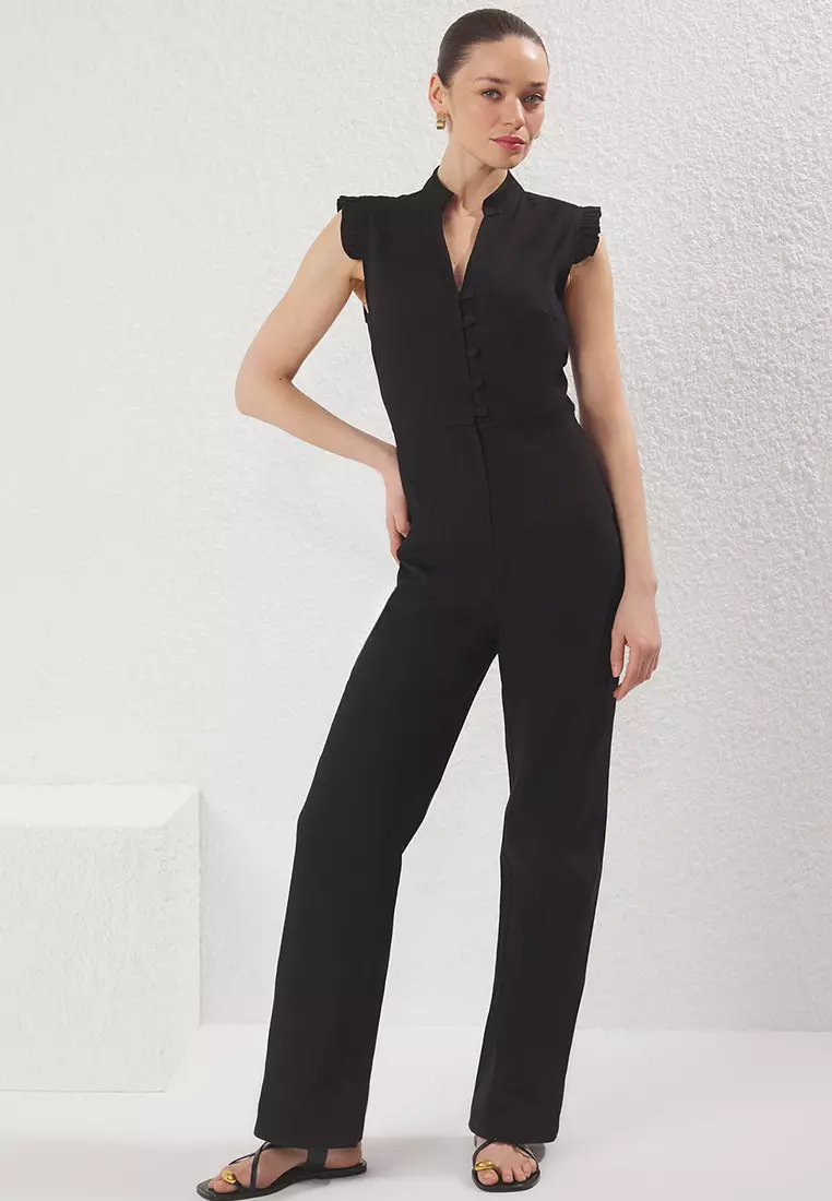 Black Ruffle and Button Detailed Long Woven Jumpsuit TWOSS22TU0253