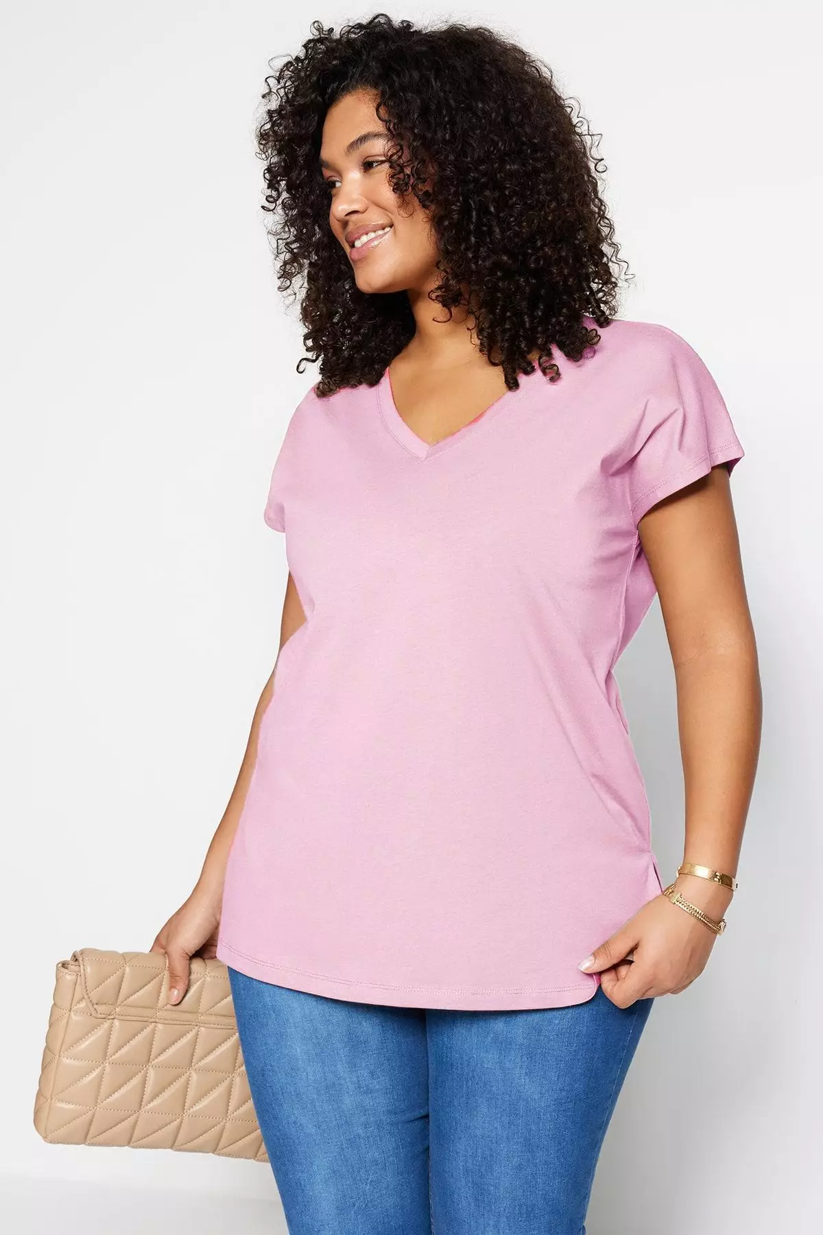 Pink Boyfriend V Neck Slit 100% Cotton Knitted T-Shirt TBBSS22BF0036