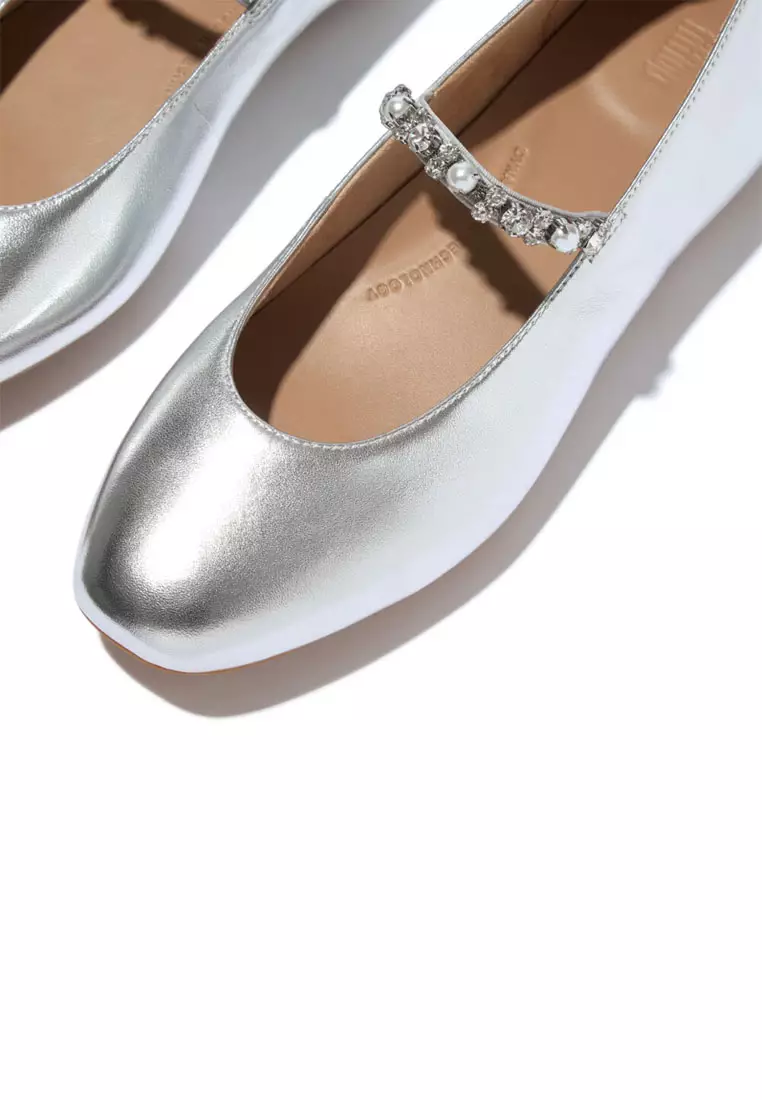 DELICATO Women's Pearls & Crystal Leather Ballet Flats  - Silver (A0Q-011)