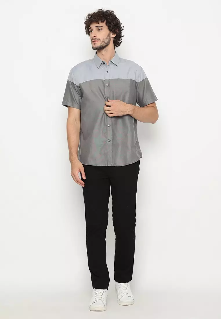 RBJ Kemeja Polos Kombi Abu Tua Regular Fit Pria