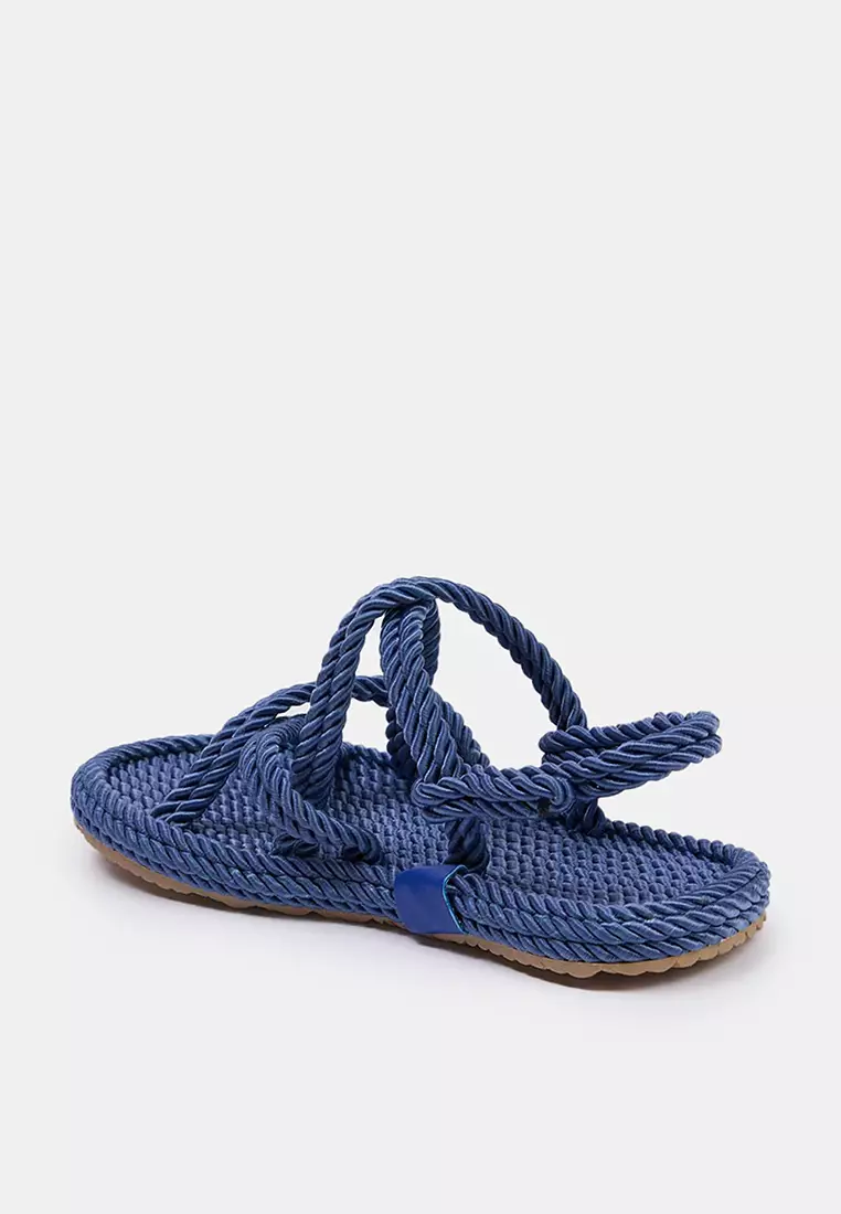 Blue Cross Strap Rope Drawstring Women's Straw Sandals Takss25Sd00056