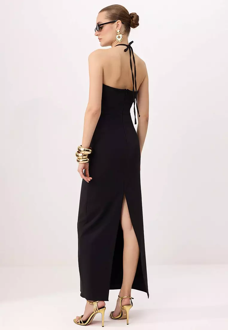 Black Plain Transparent Detailed Woven Finike Maxi Evening Dress & Graduation Dress Tprss26Ae82