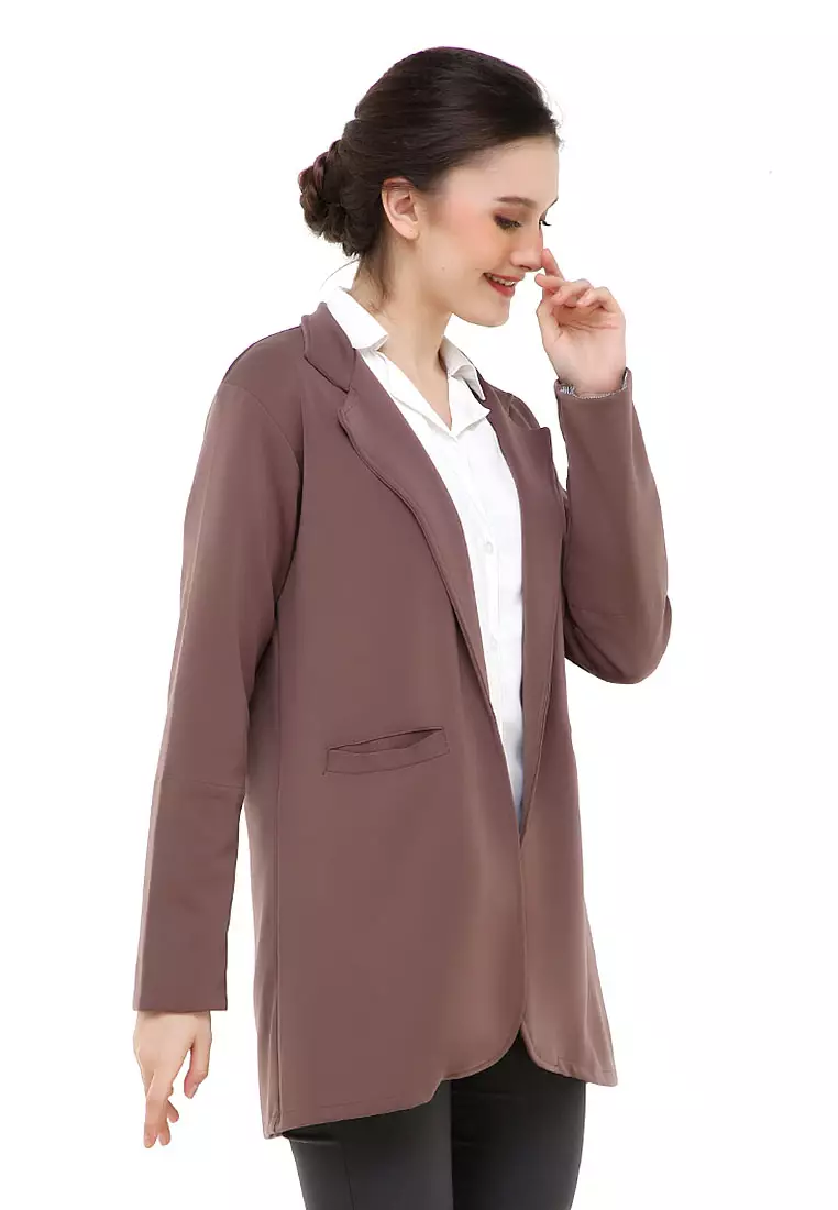 Qemsya Blazer Wanita Two Pockets Two Tone Casual Longsleeve Outer Material Bubbly Strecth ORIGINAL - Dark Brown