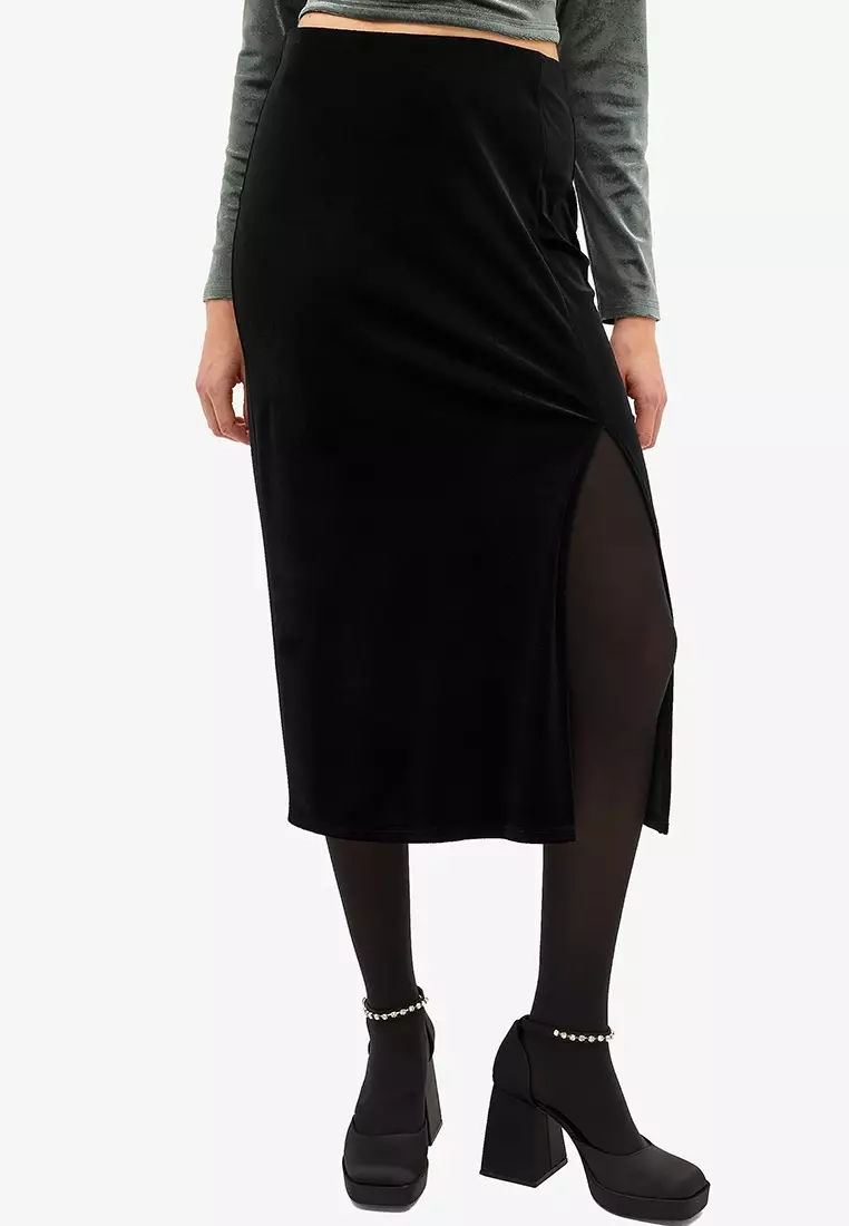 Velvet Midi Skirt With Slit