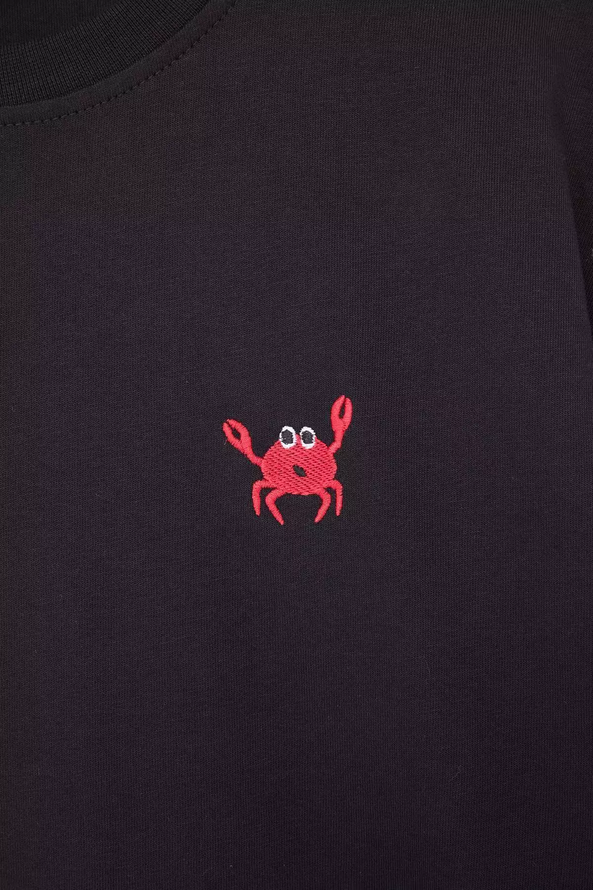 Black Oversize Crab Embroidered 100% Cotton T-Shirt Tmnss26Ts00047