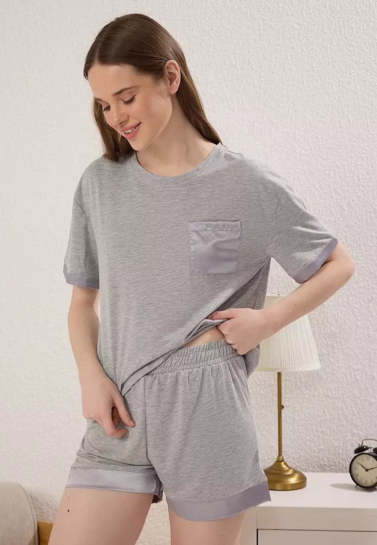 Grey Melange Pocket Satin Cuffed Viscose Shorts Knitted Pajama Set THMSS25PT00330