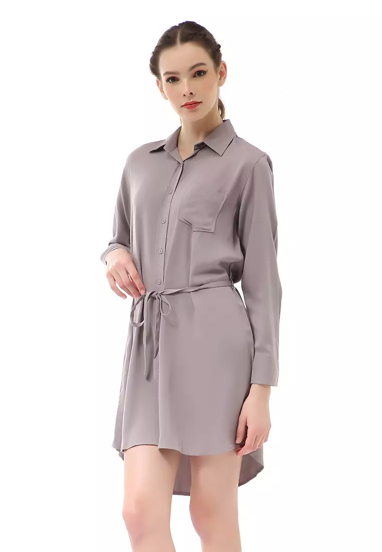 Rachel Dress Wanita Model Kemeja Full Kancing Long Sleeve Material Twill Rayon ORIGINAL - Gray