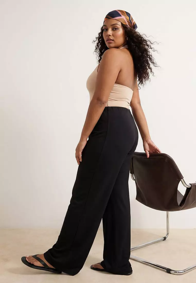 Black Pleated Wide Leg/Flared Leg Drapey Knitted Plus Size Pants Tbbss26Ar00021